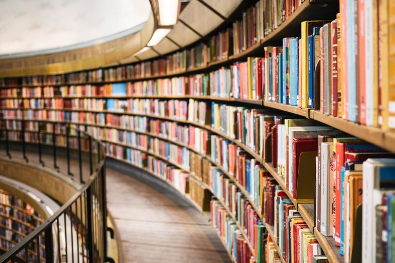 Curved bookshelves in a library