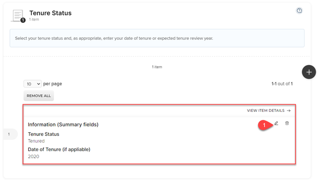 To edit tenure status, click the pencil icon on the right side of the window