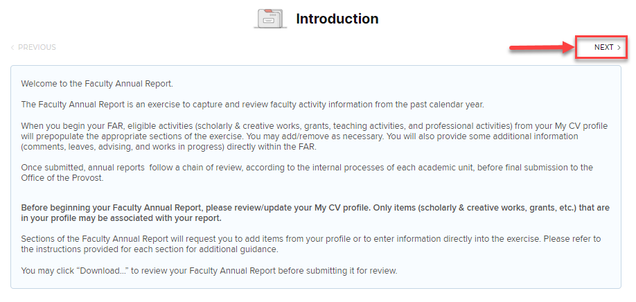 FARIntroduction Page with the NEXT button at the top right corner