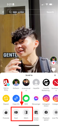 Image: A screenshot of a Tiktok video of a young asian man with black curly hair holding a wireless microphone. Showcased in the image are the share setting of the TikTok with a red arrow and box highlighting the duet and stitch features. 