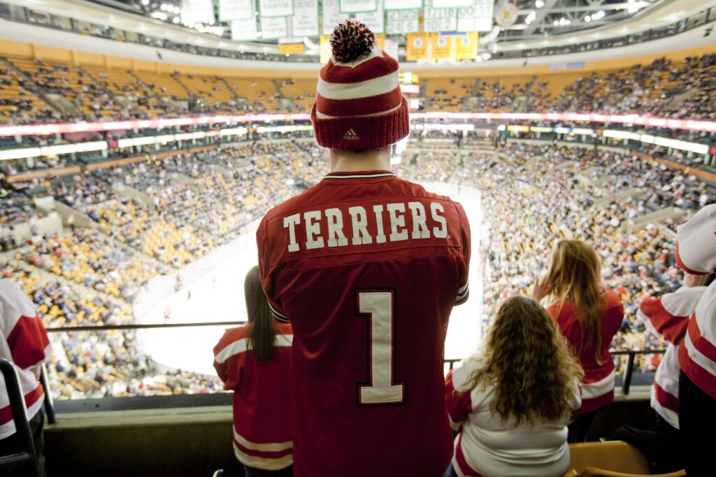 A fan at a BU Terriers hockey game.