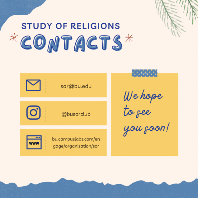 Contact information for the Study of Religions Club