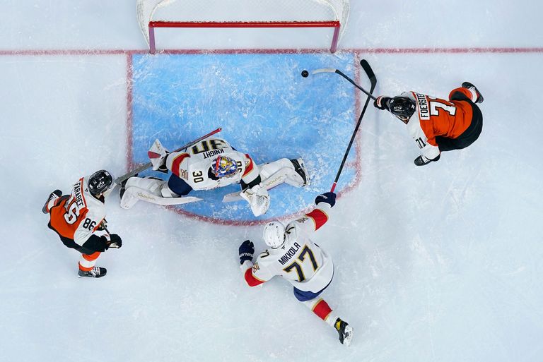 Overhead view of an ice hockey game