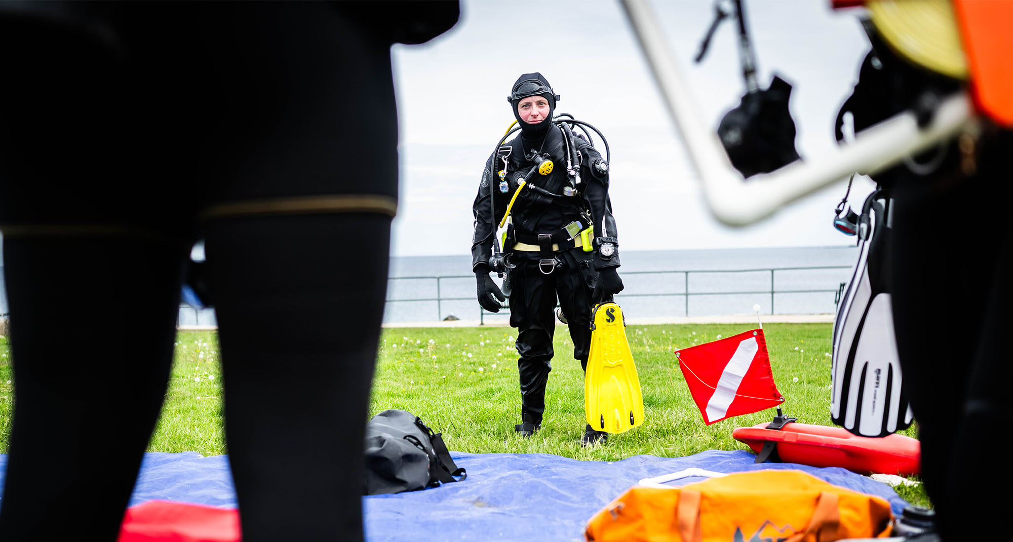 Dive safety officer in wet suit