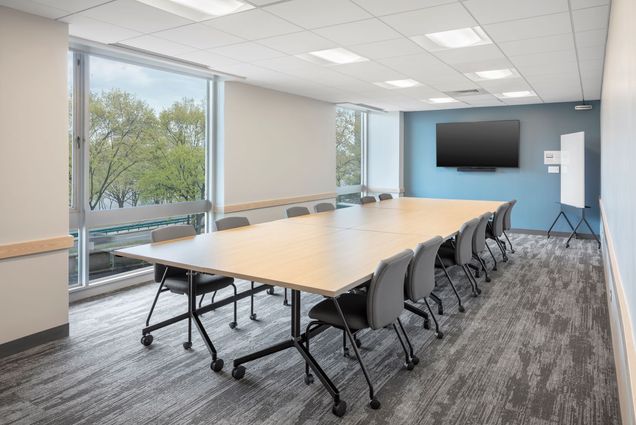 Room with 2 windows with trees in the distance, an empty conference table with chairs around it, and a TV mounted on a blue wall.