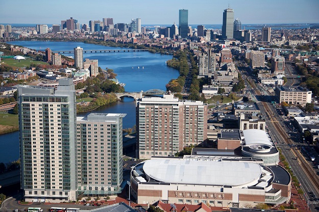 Aerial view of Charles River Campus all the way to Downtown Boston & the Boston Harbor.