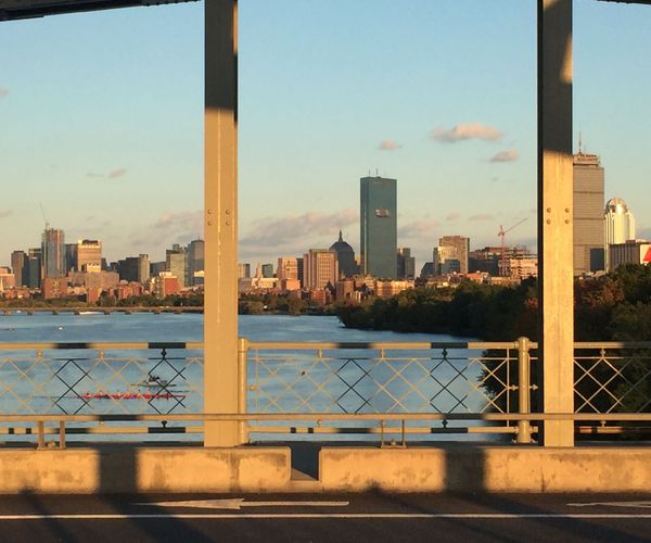 view from BU bridge of Charles River at dusk