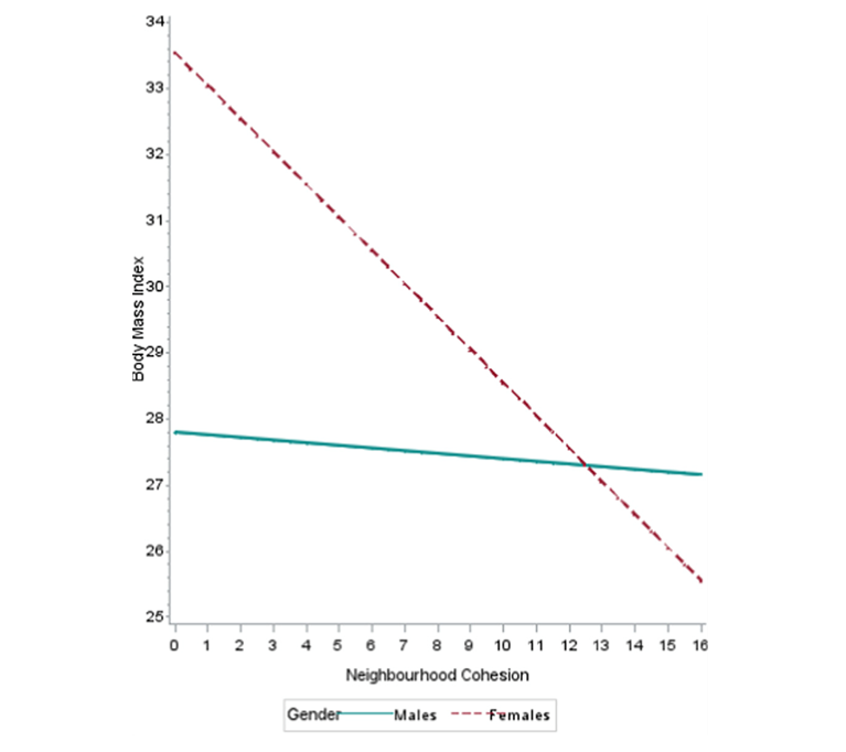 Figure 5. Neighborhood cohesion and body mass index by gender in Toronto, CanadaO’Campo P, et al. The neighbourhood effects on health and well-being (NEHW) study. Health & Place. 2015; 31: 65—74.