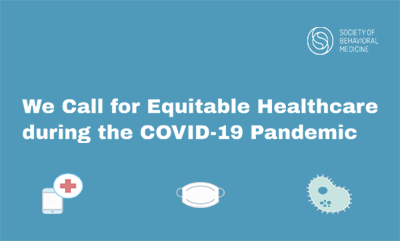 Part of SBM's infographic for the policy brief, reading "We call for equitable healthcare during the COVID-19 pandemic" with images of a smartphone, a face mask, and a microbe