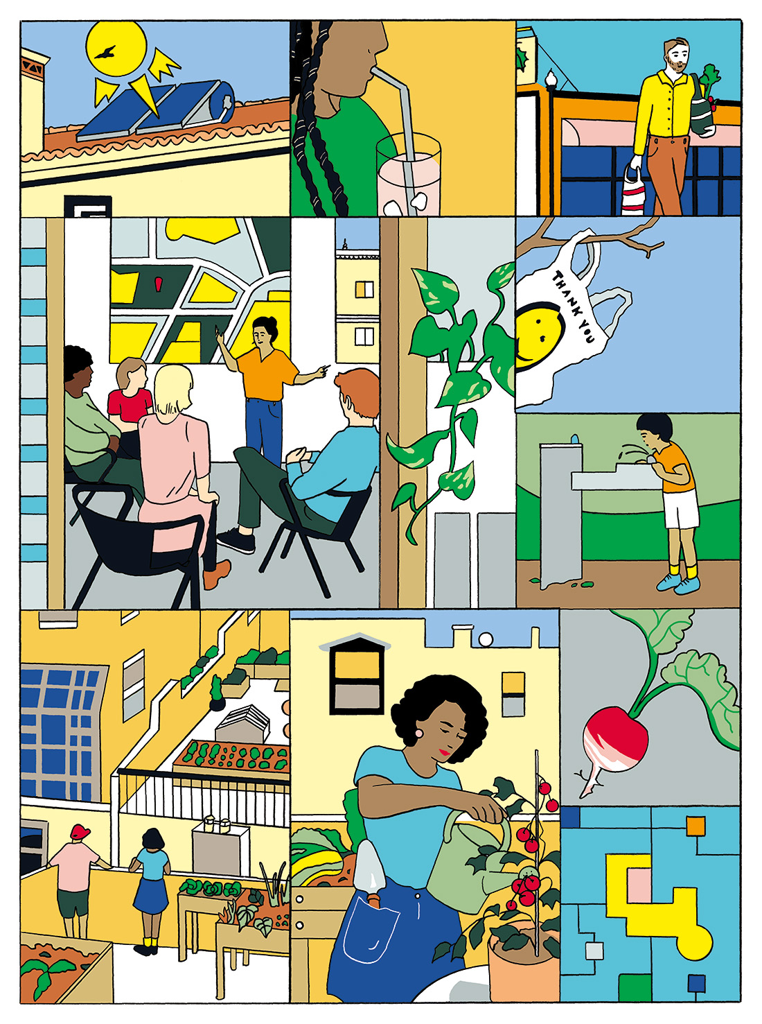 Cartoon depicting various scenes related to urban planning, pollution, health, and green living