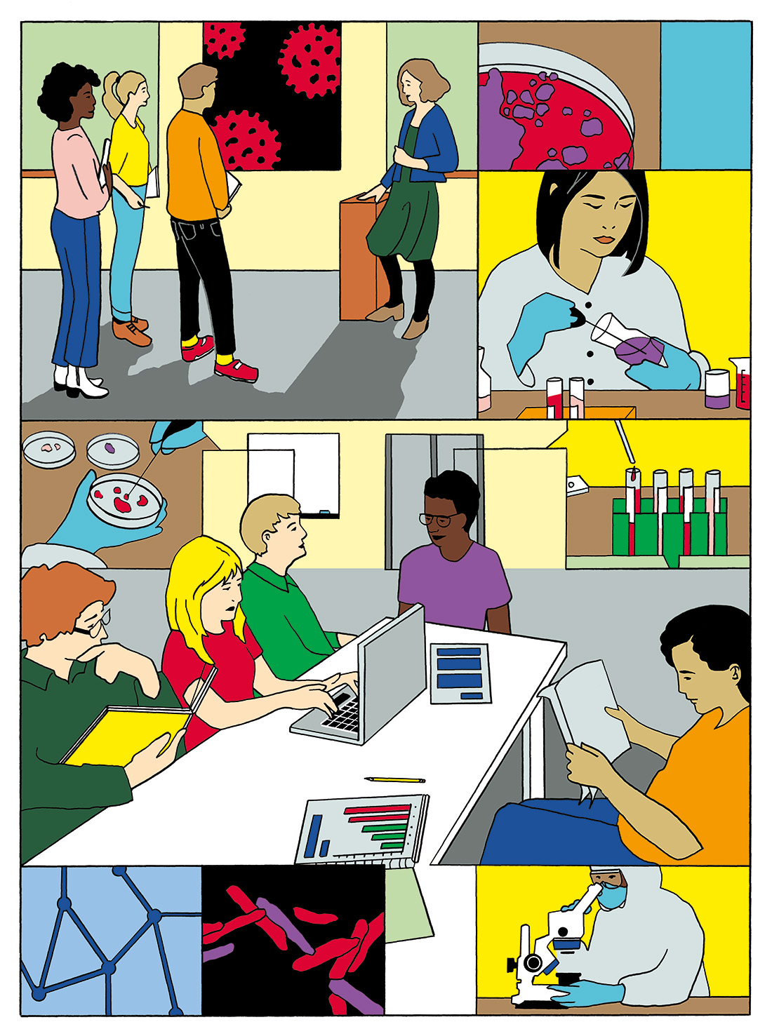 Cartoon depicting scenes related to infectious disease