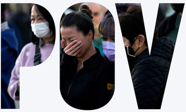 Letters POV outline photos of mourners of a mass shooting