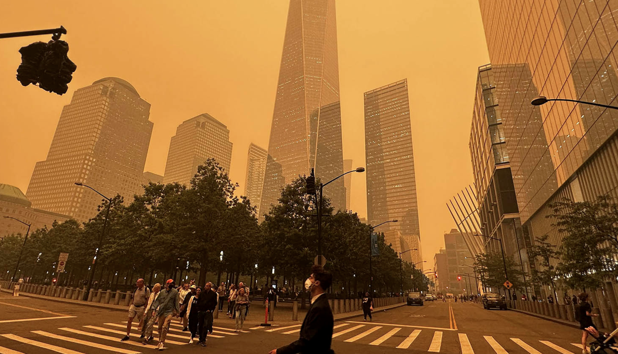 Orange tinted photo of NYC due to wildfire smoke