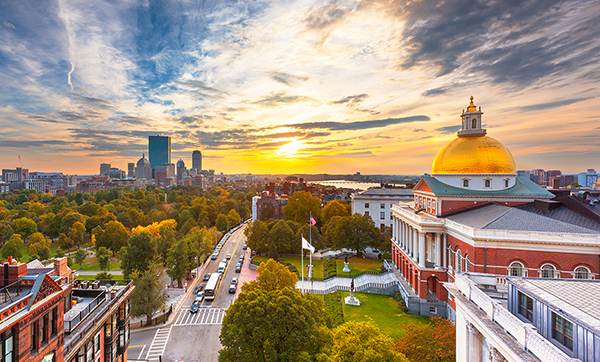 Cityscape of Boston at dusk, State house