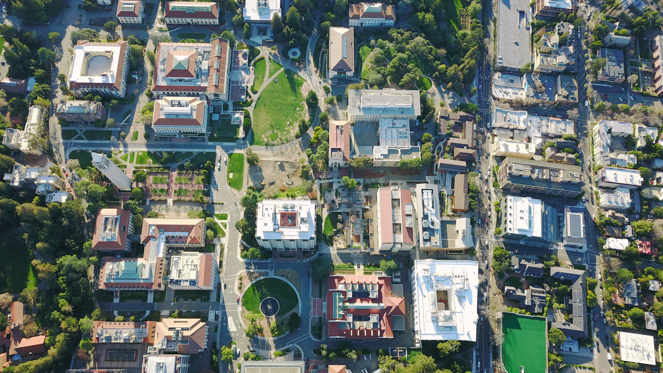 Drone Aerial over Suburban/Urban City, College Campus