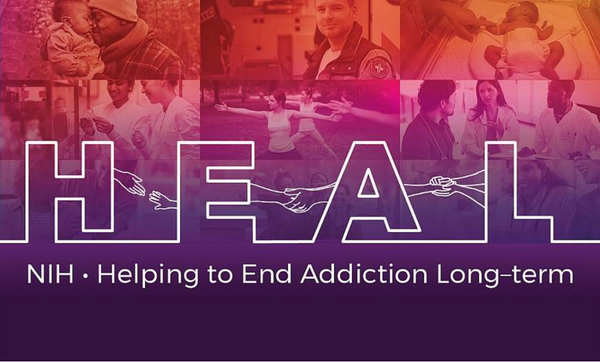 Photo for the HEALing Communities Study, each letter of the word heal is connected with holding hands. In the background there are images of community members engaging in health promoting activities
