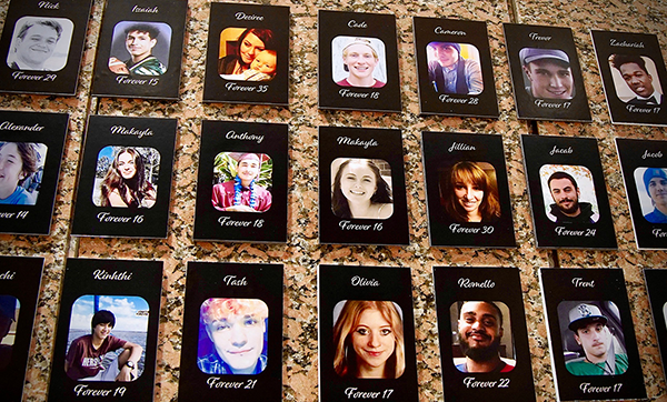 A photo of Makayla Cox, who died of a fentanyl overdose at age 16, is displayed among other portraits on "The Faces of Fentanyl" wall, which displays photos of Americans who died from a fentanyl overdose, at the Drug Enforcement Administration (DEA) headquarters in Arlington, Virginia, on July 13, 2022. - America's opioid crisis has reached catastrophic proportions, with over 80,000 people dying of opioid overdoses last year, most of them due to illicit synthetics such as fentanyl -- more than seven times the number a decade ago. "This is the most dangerous epidemic that weve seen," said Ray Donovan, chief of operations at the US Drug Enforcement Agency (DEA). "Fentanyl is not like any other illicit narcotic, its that deadly instantaneously."