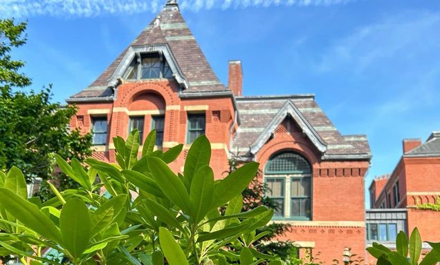 Bush and flowers in front of BU campus building