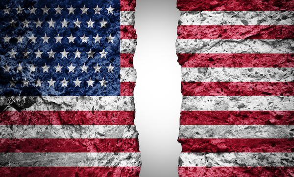 Polarization In US Politics and divided America political symbol for government dysfunction in the United States as a two party system election.