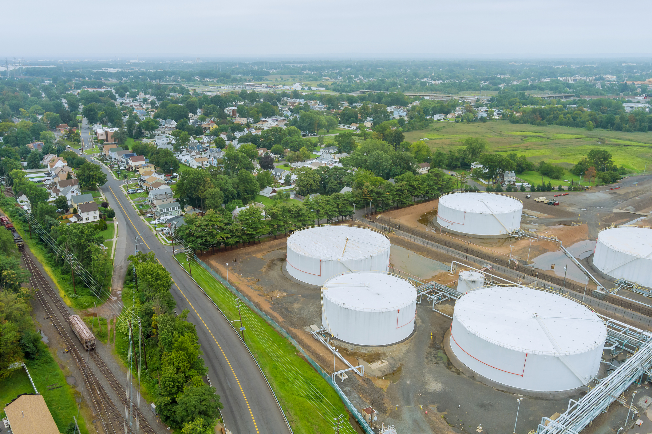 Woodbridge NJ town aerial panoramic view is a small town in USA near oil refinery industrial tank