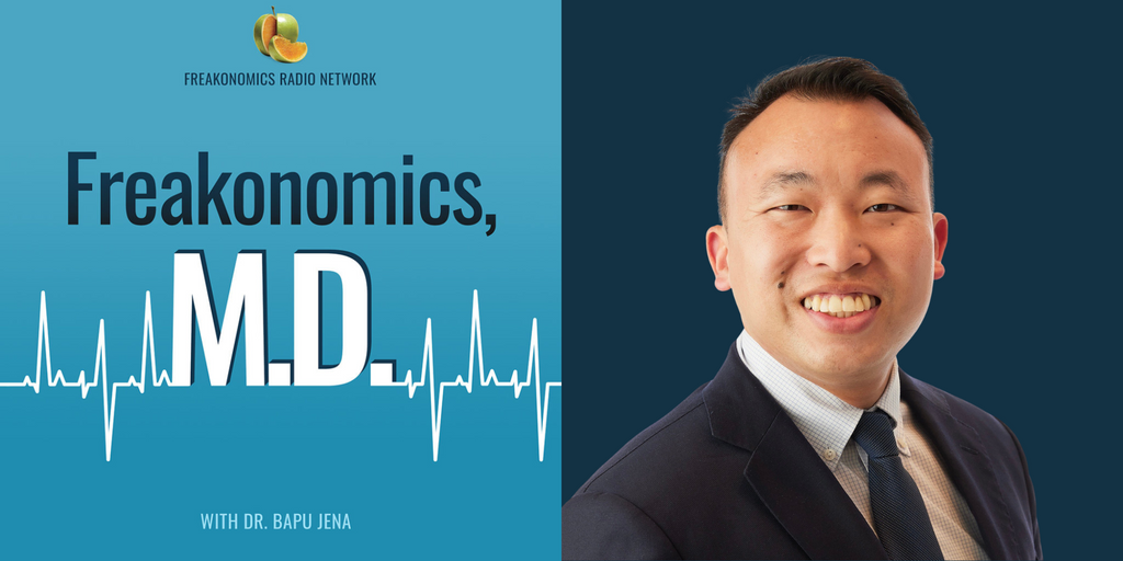 Cover art for the podcast "Freakonomics MD" next to a headshot of Eddie Lai