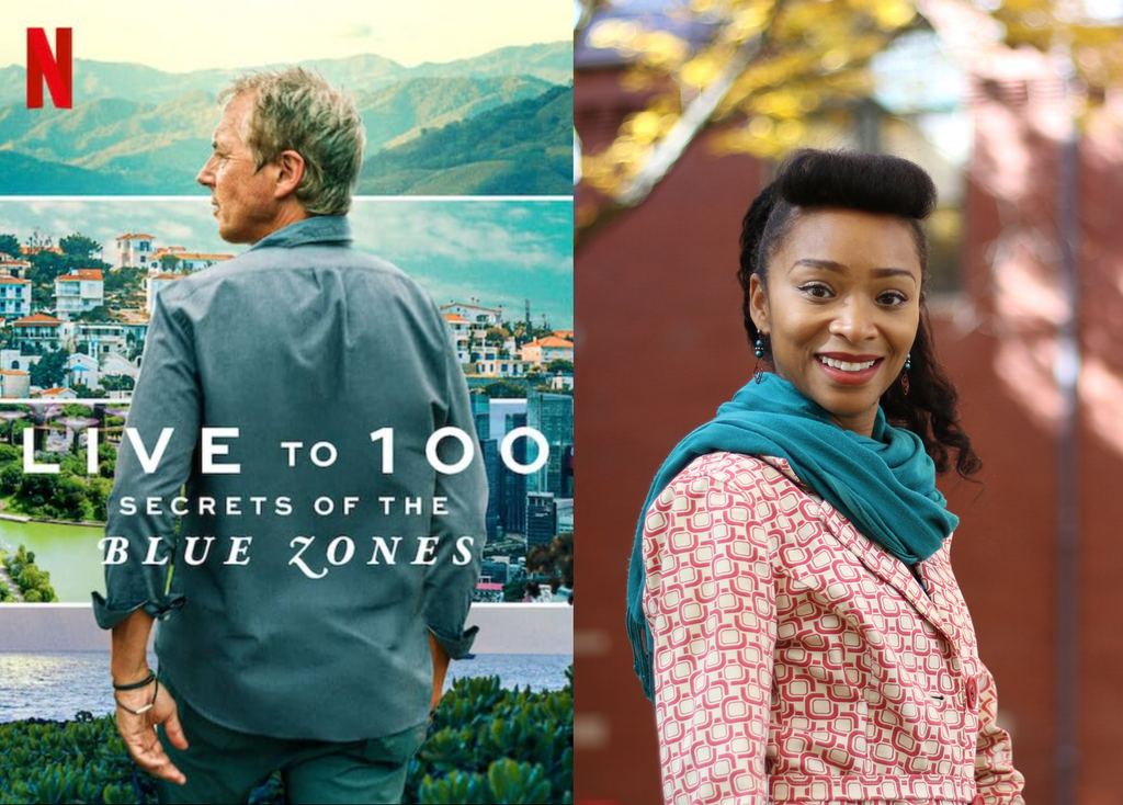Cover art for the mini-series "Live to 100' next to a headshot of Krista Idowu