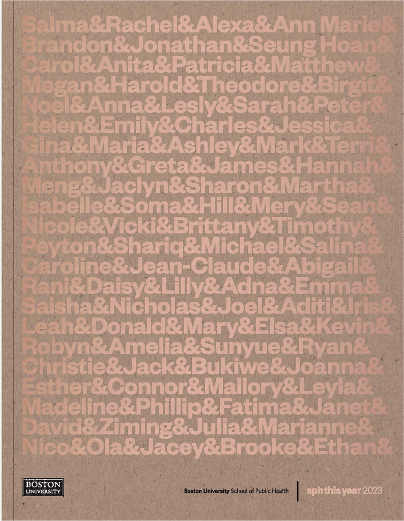 The full cover of the 2023 issue of the SPH This Year magazine, featuring names of faculty, staff, and students separated by ampersands.