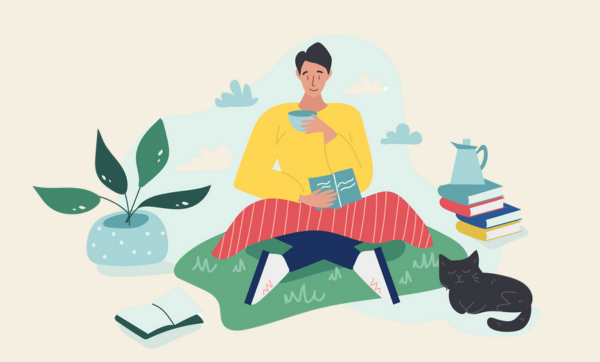 Young boy sitting on the grass with a plaid and reads a book while drinking a cup of tea or coffee in cloudy day. A black cat is sleeping nearby. Vector colored cartoon flat illustration.