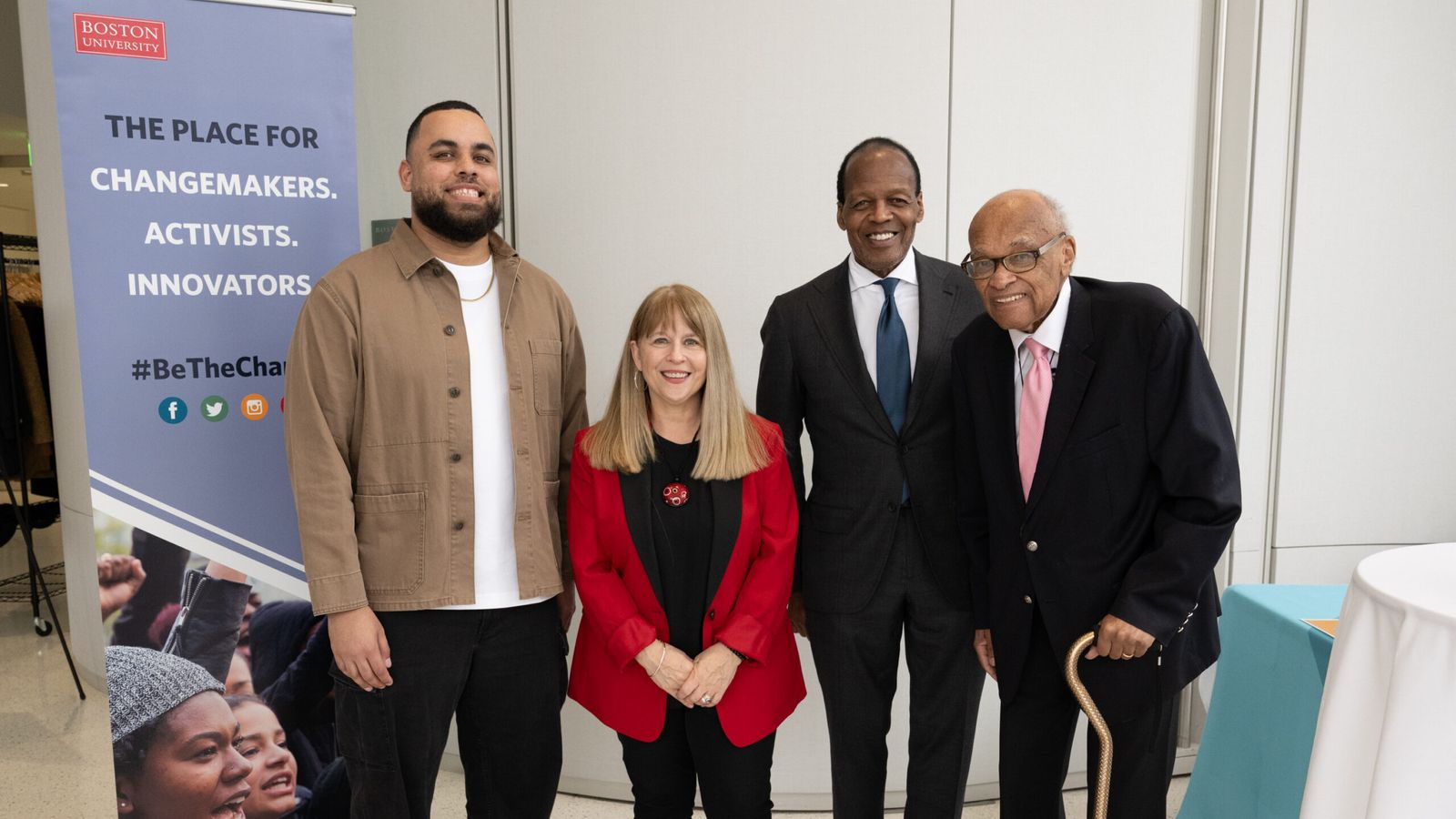 Photo by MelO Photo. Left to right: Prof. Darien Williams, Dean Barbara Jones, Lee Pelton, and Hubie Jones