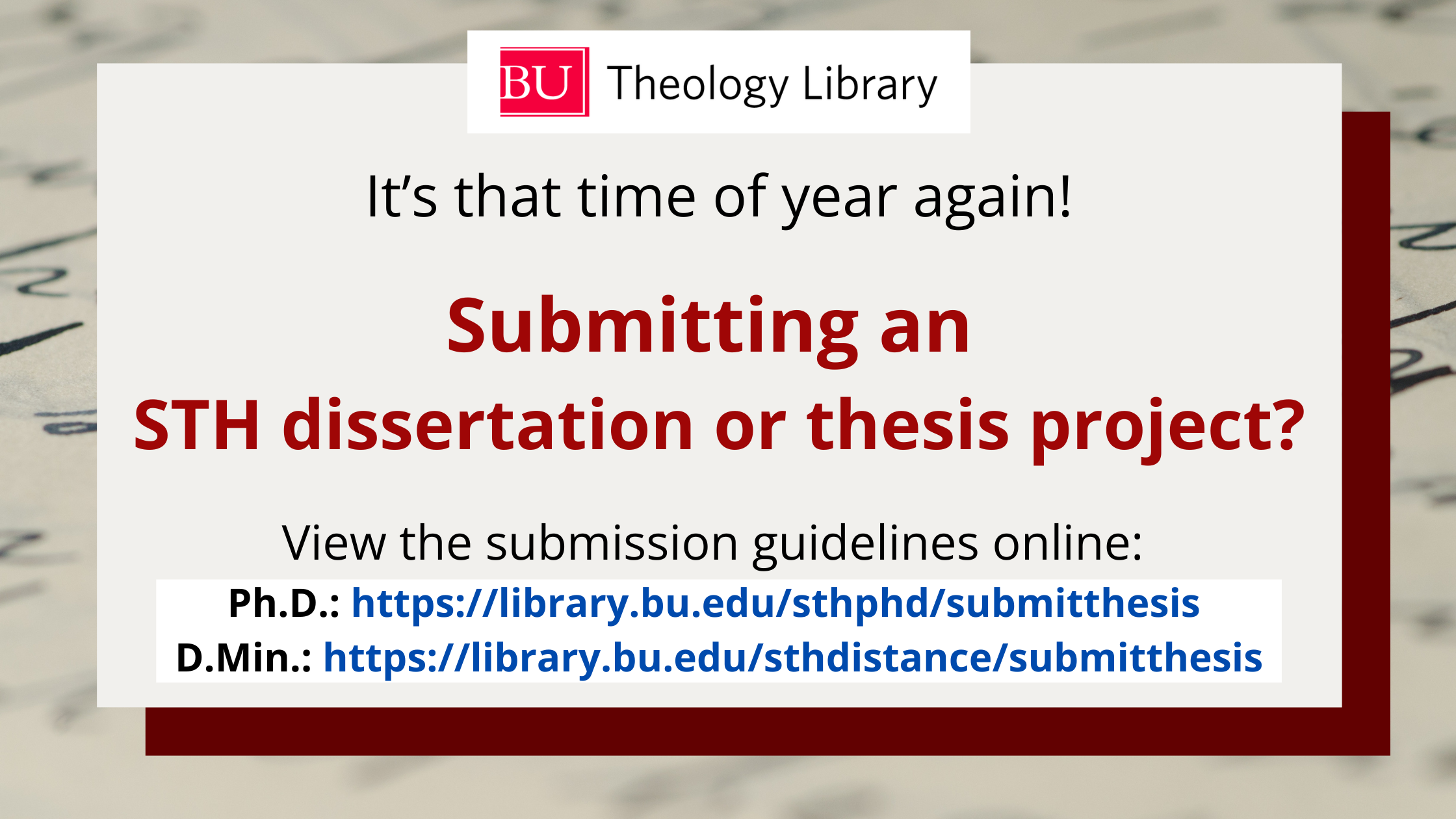 Submitting an STH dissertation or thesis project? View the submission guidelines online