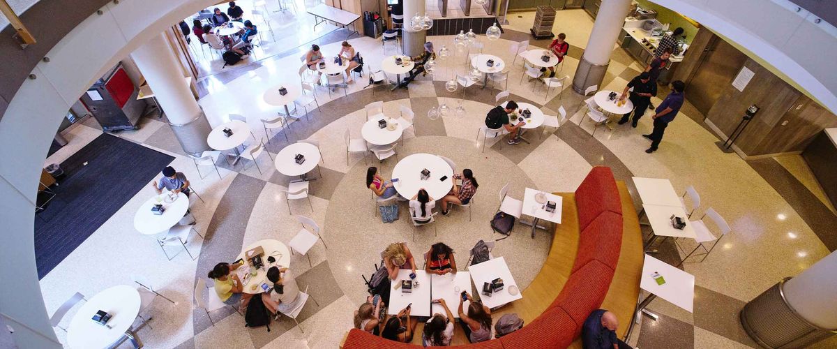 A bird's eye view of a Boston University dining hall.