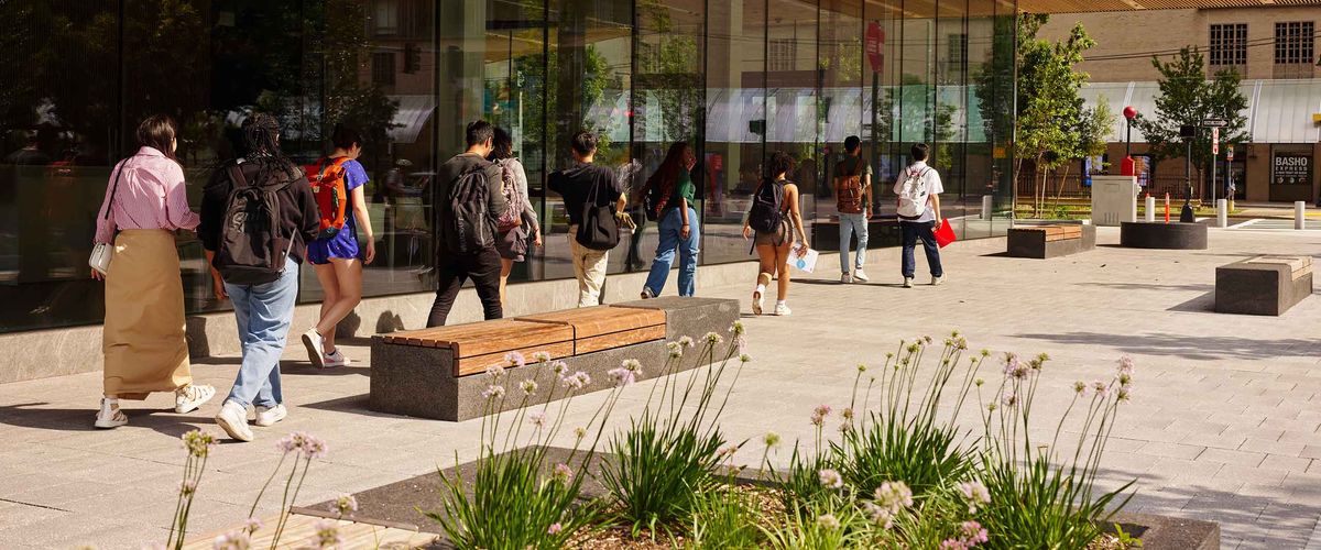BU Summer Term students walking outside the Center for Computing & Data Sciences