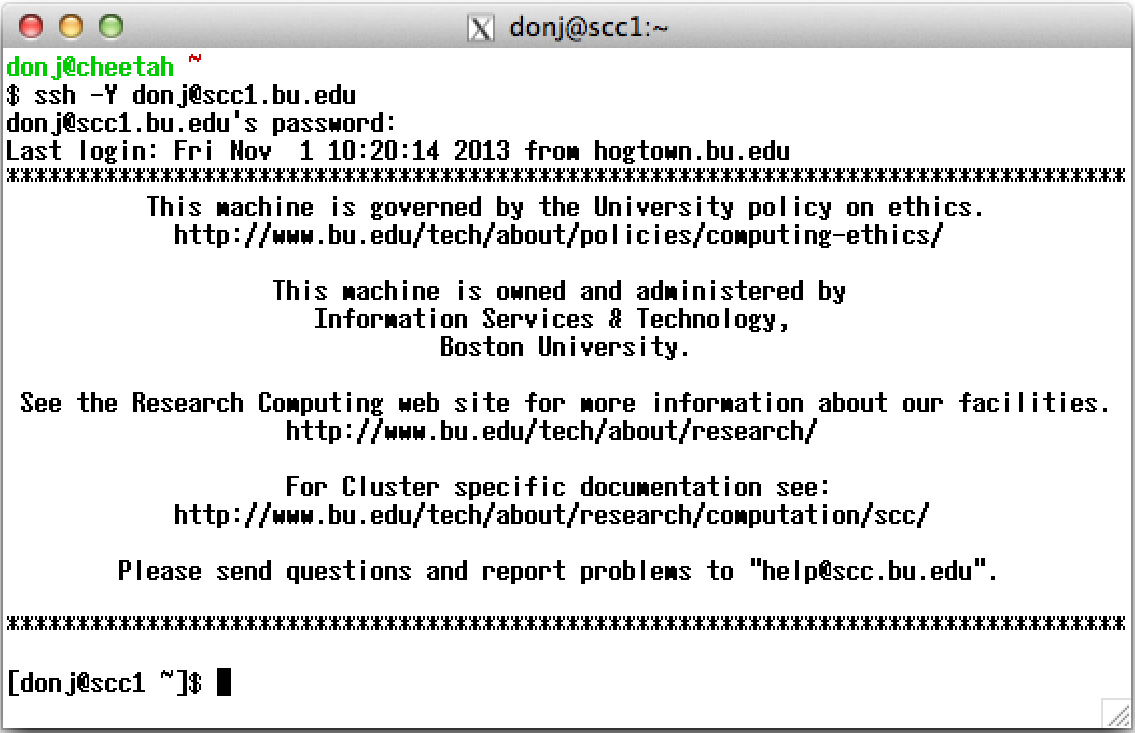 The new window features a BU username atop a command terminal, with a detailed help section preceding the command line.
