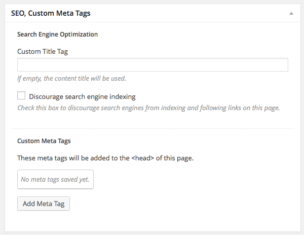 Screenshot of SEO, Custom Meta Tags dialog box with no data entered in Custom Title Tag or Custom Meta Tags