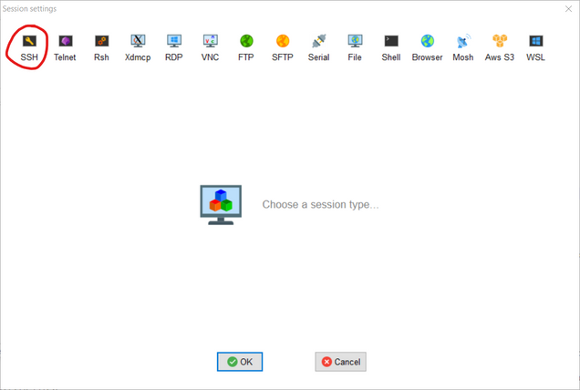 The top toolbar has an option to select "SSH" as the session type from the top right corner.