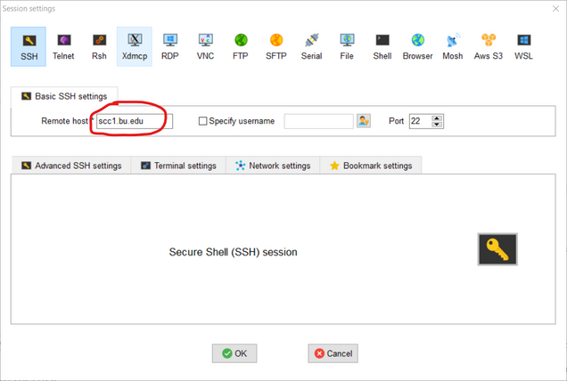 Below the toolbar, locate the "Basic SSH setting" field box. Beside "Remote Host," input "scc1.bu.edu." Click the left bottom "OK" button to proceed..