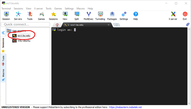 Begin your session by clicking the "scc1.bu.edu [SSH]" link located at the top of the left side panel.