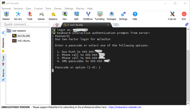 Input your BU login information and password via the command line in the black terminal window.