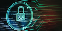 Digital backdrop features blue neon lines and a locked circle, representing internet security.