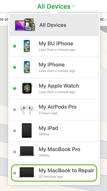 Screenshot of the iCloud Find My device list dropdown. Under All Devices are a list of Apple products. The last one, named My MacBook to Repair, is highlighted.