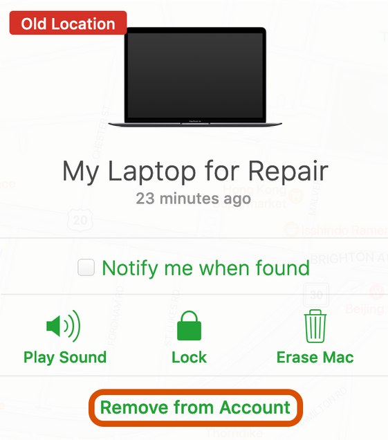 Screenshot of the Find My device information pop-up. The Remove from Account button at the bottom of the panel is highlighted.