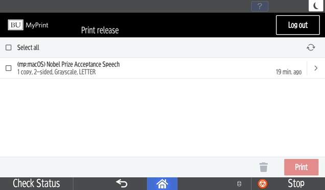 Screenshot of the MyPrint Ricoh print release UI showing available documents to print.