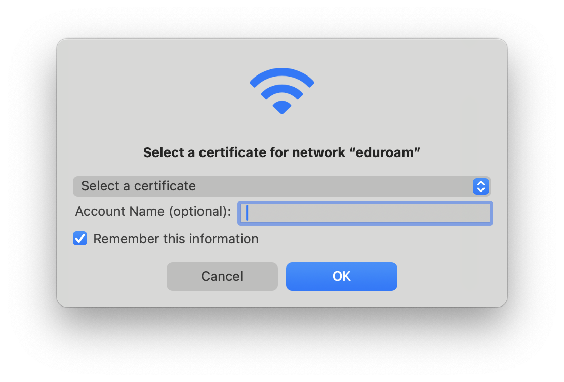 Screenshot of macOS wifi prompt asking for a certificate selection.