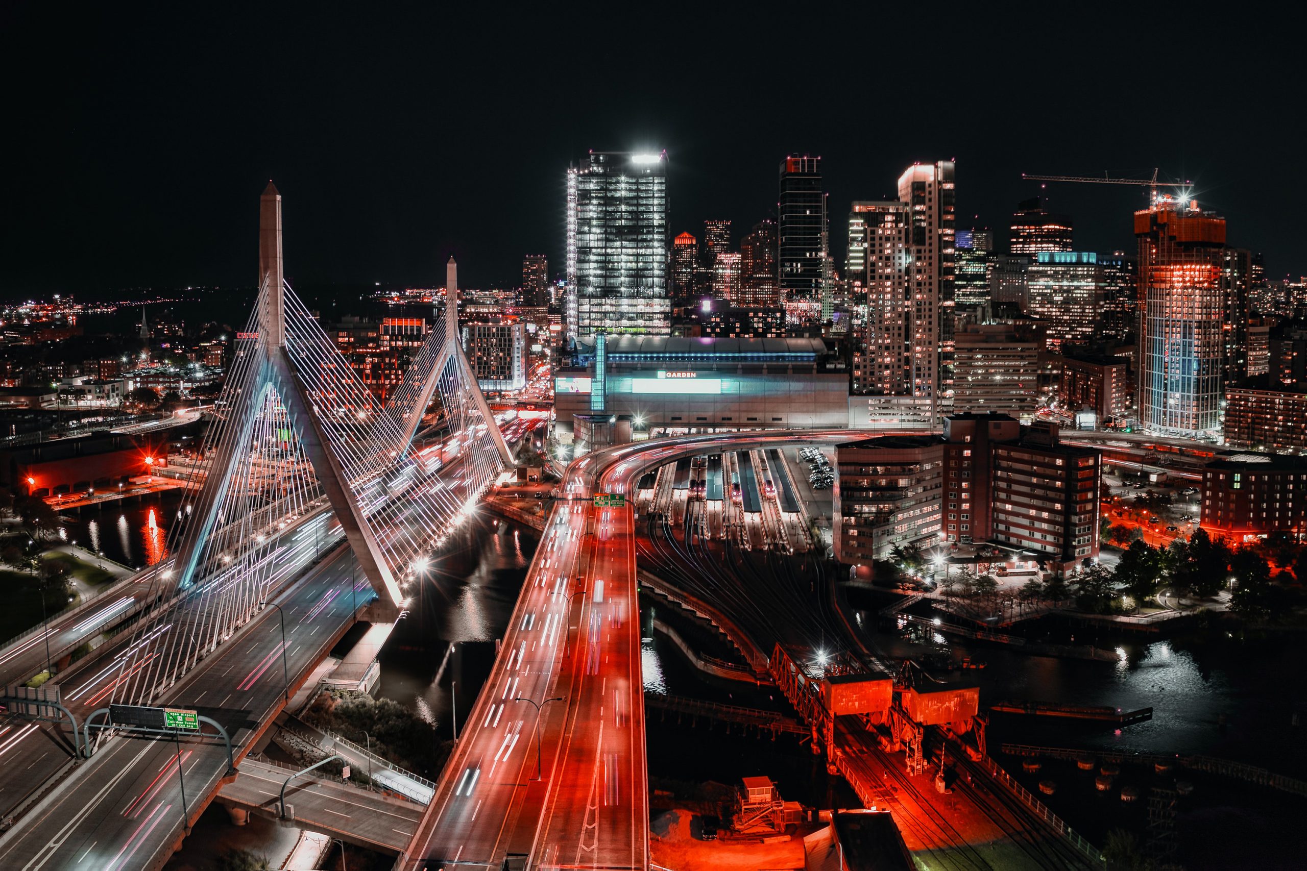 Aerial view of cars at night in Boston