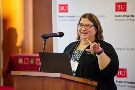Shows Tanya Lord speaking at the BU Wheelock Alumni Awards