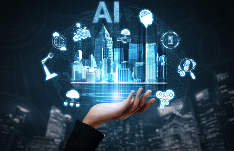 Hand holding animated AI graphics