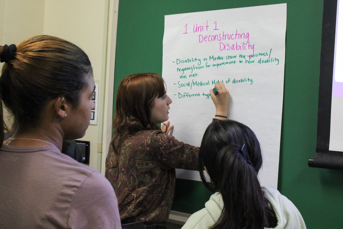 students in special ed class brainstorming on chalk board