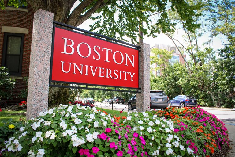 Boston University sign with summer flowers