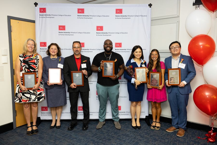 Alumni award recipients (l-to-r): Alice Shea (’95), Kyla McSweeney (’94,’97), Russ Hoyt accepting on behalf of Rick Hoyt (’93), Cinique Weekes-Bynoe (’16), Karen Lo (’13), Nicole Homerin (’17), & Zhongfeng Tian (’16).
