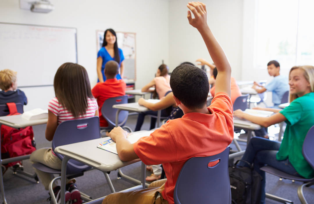 male student raising his hand in class as class looks on